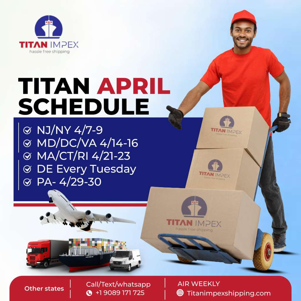 Titan Impex April 2026 shipping schedule flyer showing pickup dates by state
